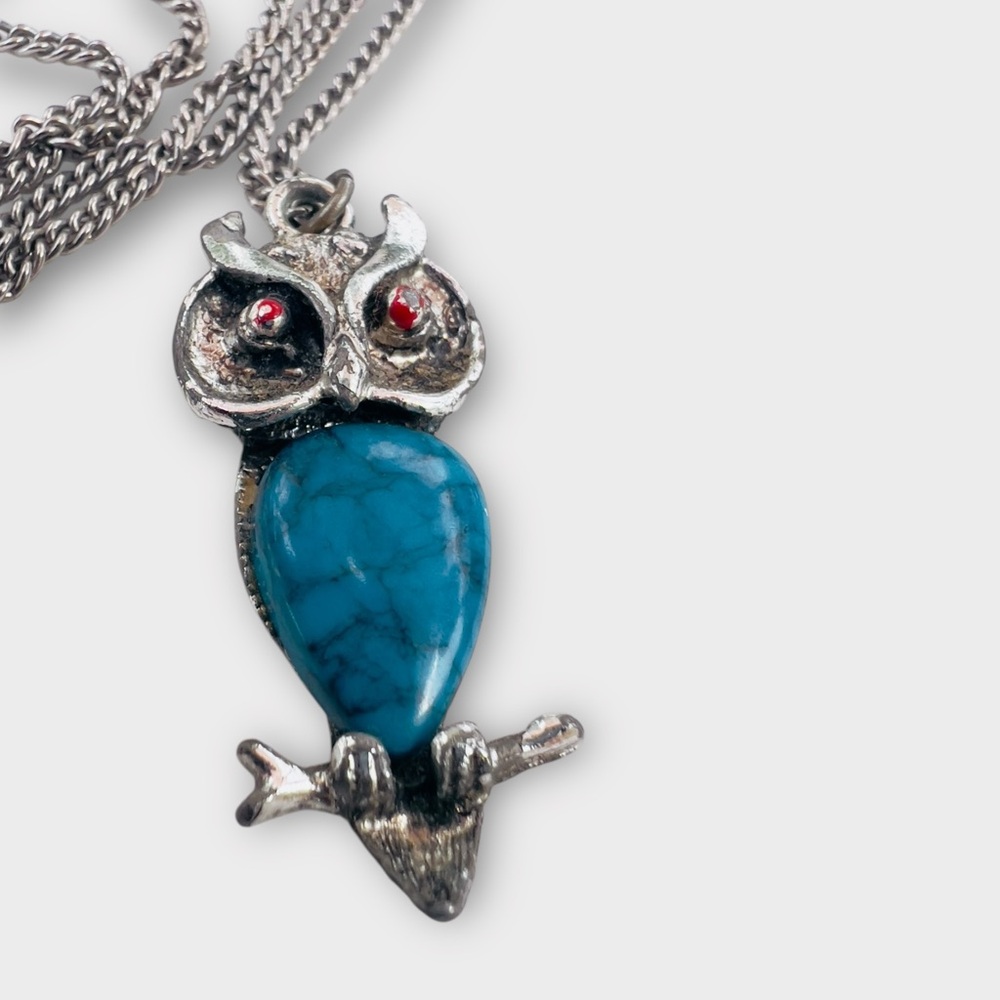 Lot Of 2 Vintage Owl Pendants Gold & Silver Tone Blue Lucite Turquoise Howlite - Picture 9 of 16